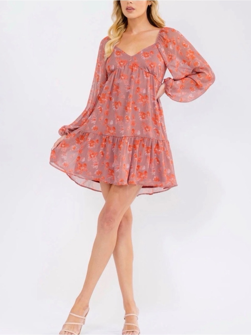 Floral Smocked Long-Sleeve Dress in Dusty Rose